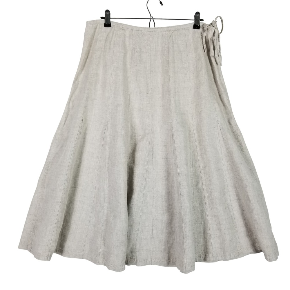 Talbots Linen Skirt Womens 14 Beige Irish Linen A-Line Midi Side Tie Zip